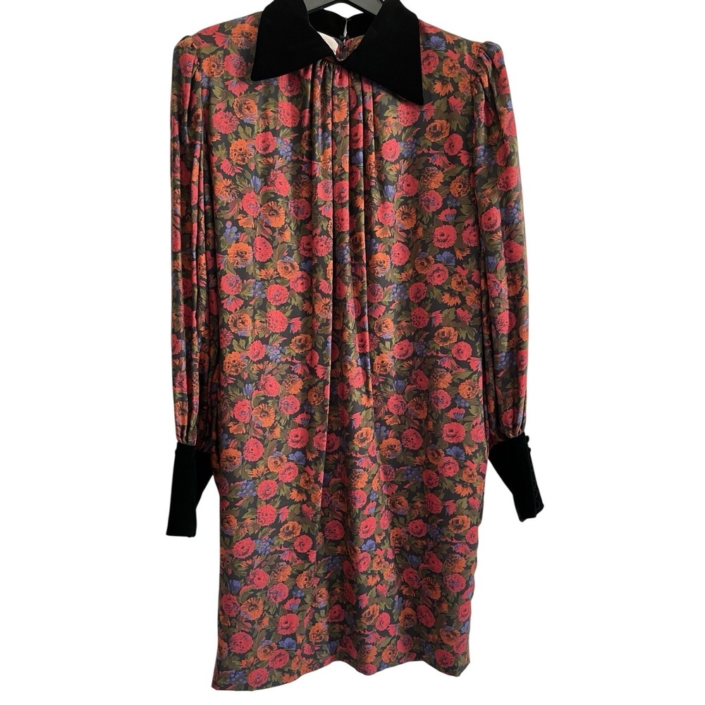 Vintage 1980s Miss O Oscar de la Renta Floral Velvet Collar Midi Dress 14